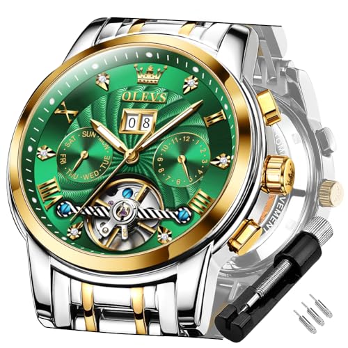 OLEVS Gold Grün Automatikuhren für Herren Tourbillon Automatik Mechanik Luxus-Kleid Edelstahl Armband Leuchtend wasserdicht Herren-Armbanduhr von OLEVS