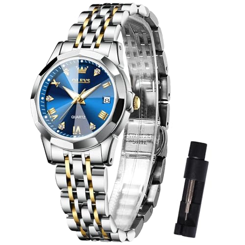 OLEVS Gold Silber Armbanduhr Damen Edelstahl Diamant Blau Kleines Gesicht Frauen Uhr Zweifarbig Römische Zahlen Leicht zu Lesen Damenuhren Günstig Wasserdicht Leuchtend Quarzuhr Geschenke für Frauen von OLEVS