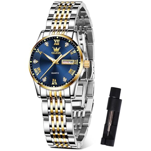 OLEVS Gold-Silber Armbanduhren für Damen Diamant Kleines Blau Gesicht Damen Uhren Edelstahl Analog Uhr Damen Römische Zahlen Leuchtend Quarz Zweifarbig Weiblich Armbanduhren mit Kalender Wasserdicht von OLEVS