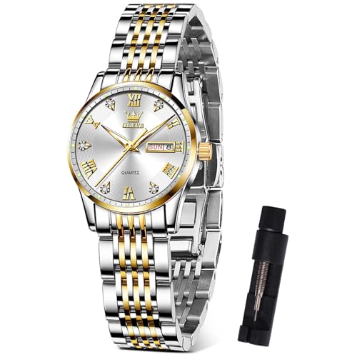 OLEVS Gold-Silber Weiblich Uhr für Damen Weiß Zifferblatt Eleagnt Edelstahl Diamant Uhren Damen Kleines Handgelenk Analog Damen Armbanduhr mit Datum Zweifarbig Quarz Damen Uhr Wasserdicht Leuchtend von OLEVS