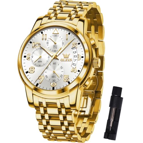 OLEVS Gold Uhr für Herren Weiß Zifferblatt Analog Quarz Herrenuhren mit Datum Leuchtend Kleid Herren Chronograph Uhr Großes Handgelenk Luxus Edelstahl Uhren Herren Arabische Ziffern Leicht zu Lesen von OLEVS