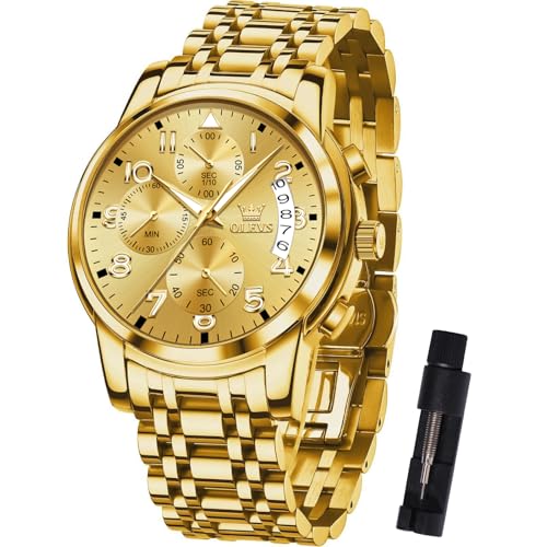 OLEVS Gold Uhren Herren Analog Luxus Edelstahl Quarz Uhren fur Männer Leuchtend Mode Chronograph Herrenuhren Wasserdicht Arabische Ziffern Großes Zifferblatt Goldton Herren Armbanduhr mit Datum von OLEVS