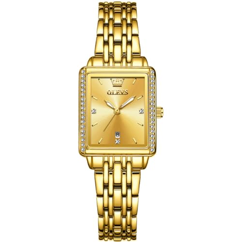 OLEVS Goldene Damenuhr Rechteckig Wählscheibe Analog Quarz Armbanduhr Gold Edelstahlband Kleines Gesicht Klassisches Luxus Damen Kleid Uhr Leuchtend Wasserdicht mit Datum Damen Uhren von OLEVS