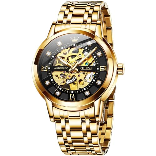 OLEVS Goldene Skelett-Herren-Armbanduhr, automatisch, mechanisch, selbstaufziehend, luxuriös, glänzend, Diamant, Edelstahl, wasserdicht, leuchtende Armbanduhren, Goldfarben / Schwarz von OLEVS