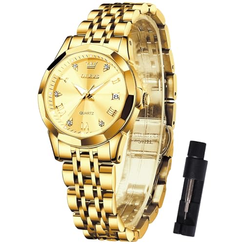 OLEVS Gold Uhr Damen Edelstahl Schicke Analog Kleid Damen Armbanduhr Klein Zifferblatt Luxus Metallarmband Damenuhr mit Datum Diamant Römische Zahlen Quarz Frauen Uhr Wasserdicht Leuchtend Geschenke von OLEVS