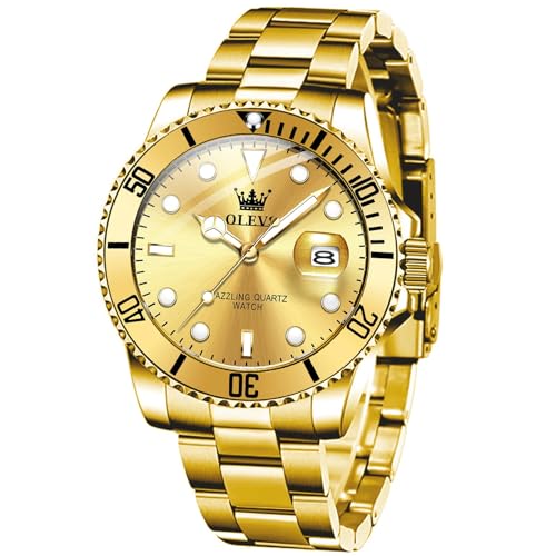 OLEVS Goldene Uhr Herren Wasserdicht Luxus Quarz Analog Herrenuhren Edelstahl Stylish Leuchtende Armbanduhr Herren Großes Zifferblatt Metallarmband Uhren für Männer mit Datumsanzeige Geschenke von OLEVS
