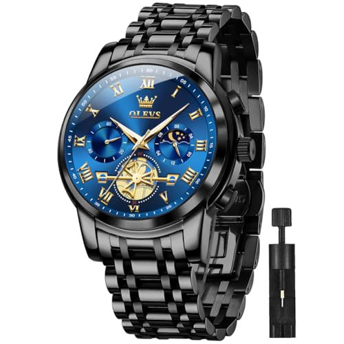 OLEVS Herren-Armbanduhr, Chronograph, Edelstahl, Quarz, Business-Kleid, leuchtend, wasserdicht, multifunktional, Herren-Armbanduhr, Tn-g2859, schwarzes Armband und blaues Zifferblatt, Armband von OLEVS
