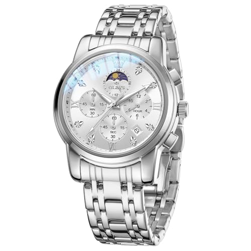 OLEVS Herren-Armbanduhr, multifunktional, Chronograph, Analog, Quarzuhr, luxuriös, Diamant-Edelstahl, wasserdicht, 30 m, leuchtende Herrenuhr, G3655: Silbernes Armband und silbernes Zifferblatt von OLEVS