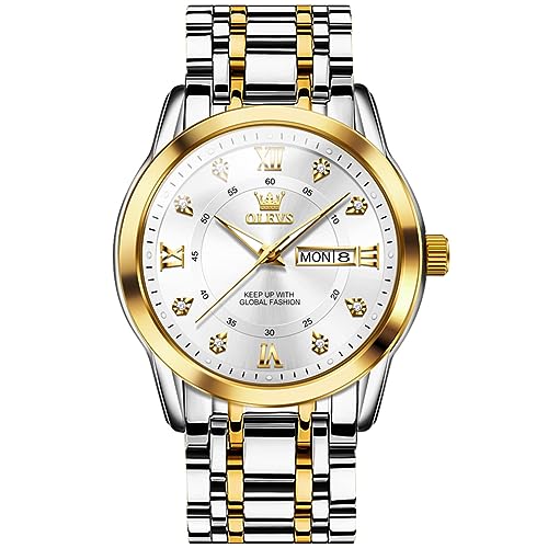 OLEVS Herren Armbanduhr Luxus Business Kleid Uhr UK Diamant Design Quarz Edelstahl Wasserdicht Leuchtend Woche Kalender Geschenk, Gold und Weiß, Armband von OLEVS