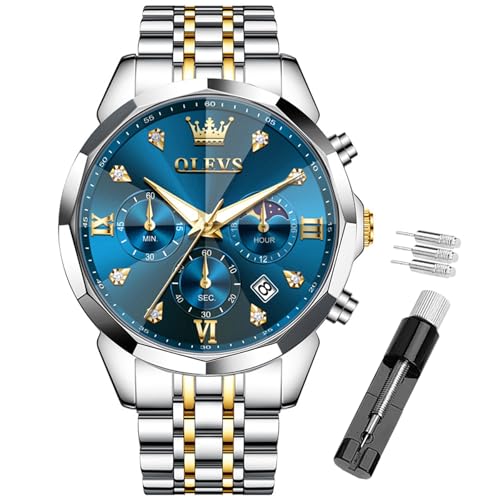 OLEVS Herren-Armbanduhr – Multifunktionaler Chronograph mit 4 Hilfszifferblättern, Leuchtzeigern, Datum, 3 ATM wasserdicht, Edelstahlband, Quarz-Armbanduhr, H3670 blaues Zifferblatt mit doppeltem Band von OLEVS