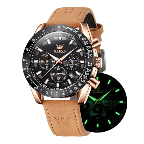 OLEVS Herren Armbanduhr Quarz Multifunktions Chronograph Braun Lederband Wasserdicht Sport Nachtlicht Mode Kalender Simulation Uhr, 9957 - Rose Shell Black Face, Modern OLEVS Herren Armbanduhr Quarz Multifunktions Chronograph Braun Lederband Wasserdicht Sport Nachtlicht Mode Kalender Simulation Uhr, 9957 - Rose Shell Black Face, Modern von OLEVS