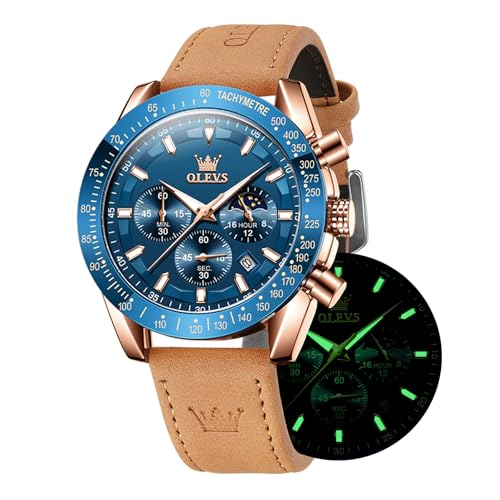 OLEVS Herren Armbanduhr Quarz Multifunktions Chronograph Braun Lederband Wasserdicht Sport Nachtlicht Mode Kalender Simulation Uhr, 9957 - Rose Shell Blue Face, Modern OLEVS Herren Armbanduhr Quarz Multifunktions Chronograph Braun Lederband Wasserdicht Sport Nachtlicht Mode Kalender Simulation Uhr, 9957 - Rose Shell Blue Face, Modern von OLEVS