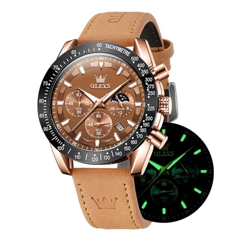 OLEVS Herren Armbanduhr Quarz Multifunktions Chronograph Braun Lederband Wasserdicht Sport Nachtlicht Mode Kalender Simulation Uhr, 9957 - Rose Shell Brown Face, Modern OLEVS Herren Armbanduhr Quarz Multifunktions Chronograph Braun Lederband Wasserdicht Sport Nachtlicht Mode Kalender Simulation Uhr, 9957 - Rose Shell Brown Face, Modern von OLEVS