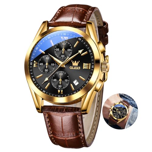 OLEVS Braun Herren Armbanduhr Lederarmband Stylish Gold Gehäuse Herren Uhren Großes Schwarz Zifferblatt Retro Analog Kleid Herrenuhren mit Datumsanzeige Chronograph Wasserdicht Männer Uhren Leuchtend von OLEVS