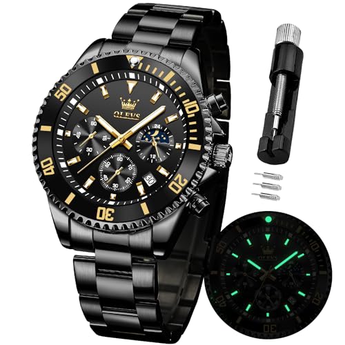 OLEVS Herren Armbanduhr Wasserdicht Designer Luxus Formal Leuchtend Datum Mondphase Edelstahl Uhr Quarzuhr Männer Geschenke, Schwarz von OLEVS