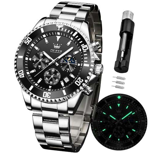 OLEVS Herren Armbanduhr Wasserdicht Designer Luxus Formal Leuchtend Datum Mondphase Edelstahl Uhr Quarzuhr Männer Geschenke, weiß / schwarz, Modern von OLEVS