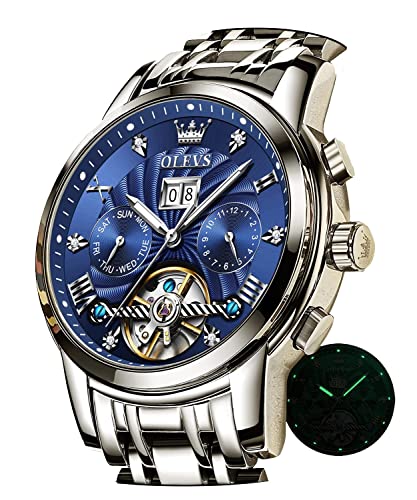 OLEVS Herren-Automatikuhr, Skelett, 5 Zeiger, mechanisch, klassisch, luxuriös, Multi-Kalender, Edelstahl, wasserdichte Armbanduhr für Herren, Silberfarben / Blau, Riemen von OLEVS