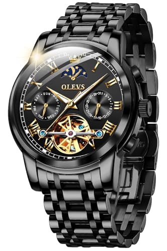 OLEVS Herren Automatik Uhren Skelett Tourbillon Mechanisch Selbstaufzug Luxus Mode Kleid Armbanduhr Mondphase Tag Datum Leuchtend Wasserdicht, A: Alles schwarz, Mechanische, automatische Uhr von OLEVS