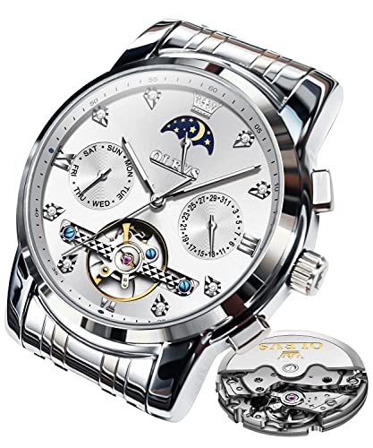 OLEVS Herren Automatik Uhren Skelett Tourbillon Selbstaufzug Diamant Luxus Kleid Armbanduhr Edelstahl Wasserdicht Leuchtend Mond Phase Tag Datum, 6678: Silbernes Band und weißes Zifferblatt, von OLEVS