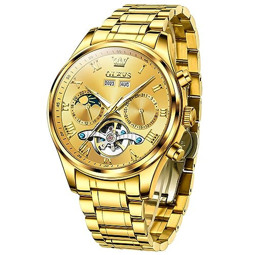 OLEVS Herren Automatik Uhren Skelett Tourbillon Selbstaufzug Diamant Luxus Kleid Armbanduhr Edelstahl Wasserdicht Leuchtend Mond Phase Tag Datum, 7005: Goldband und goldenes Zifferblatt, von OLEVS