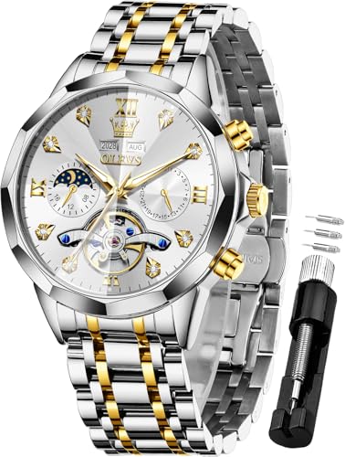 OLEVS Herren-Automatikuhr, Diamant-Skelett, mechanisch, luxuriös, selbstaufziehend, Mondphasenkalender, wasserdichte Armbanduhr für Herren, G6621: Zweifarbiges Band und weißes Zifferblatt, Luxuriöses von OLEVS