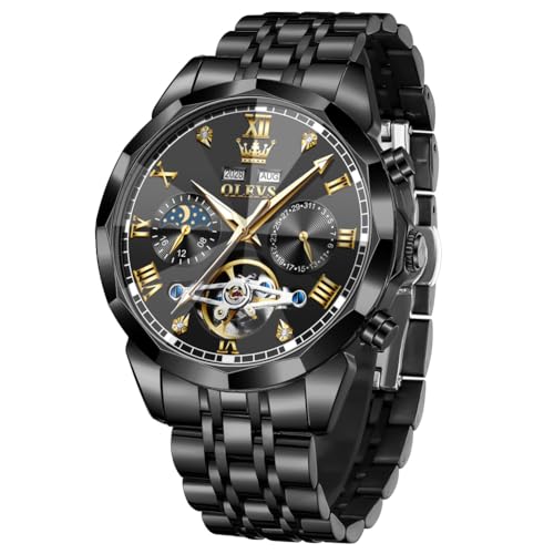 OLEVS Herren-Automatikuhr, Skelett, Mondphase, Zifferblatt, luxuriöses Kleid, Edelstahlarmband, 5 Zeiger, Diamanten, Herren-Armbanduhren, Luxuriöse Uhr: Schwarz von OLEVS