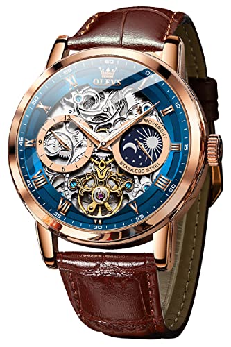 OLEVS Herren-Automatikuhr, Skelett, Tourbillon, selbstaufziehend, mechanisch, echtes Lederband, luxuriöse Armbanduhr, Sonne, Mond, leuchtend, wasserdicht, Braunes Armband und blaues Zifferblatt von OLEVS