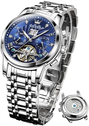 OLEVS Herren-Automatikuhr, mechanisch, selbstaufziehend, Uhren für Herren, Skelett, Business, Kleid, leuchtend, wasserdicht, Diamant, Woche, Monat .., Blau, Relojes de hombre von OLEVS