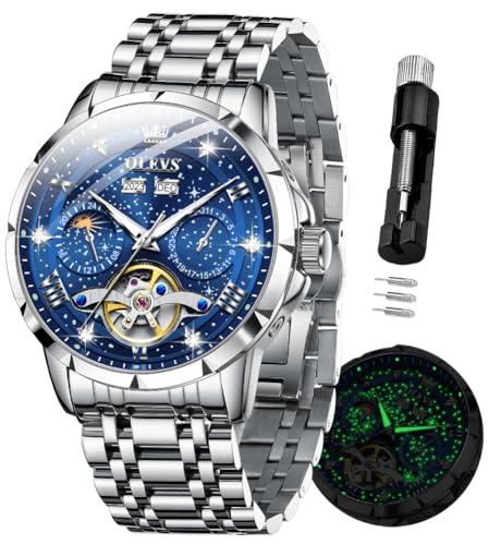 OLEVS Herren-Automatikuhr, selbstaufziehend, Sternenhimmel, Diamant-Skelett, Luxus-Armbanduhr, wasserdicht, leuchtend, G6690: Silbernes Band und blaues Zifferblatt, Luxuriös von OLEVS