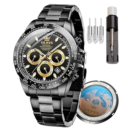 OLEVS Herren Automatikuhr Automatikuhr Geschwindigkeitsmessung Timing Lünette Mechanische Uhr Wasserdicht und Leuchtend Kalender Woche Edelstahl Präzisionsband, 6638, schwarz, Klassisch von OLEVS