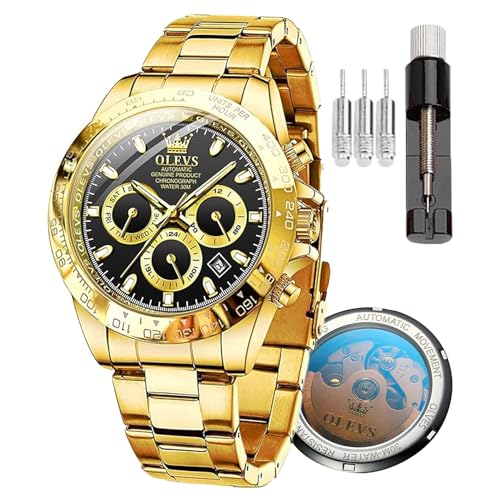 OLEVS Herren Automatikuhr Automatikuhr Geschwindigkeitsmessung Timing Lünette Mechanische Uhr Wasserdicht und Leuchtend Kalender Woche Edelstahl Präzisionsband, 6638 schwarzes Zifferblatt, Klassisch von OLEVS