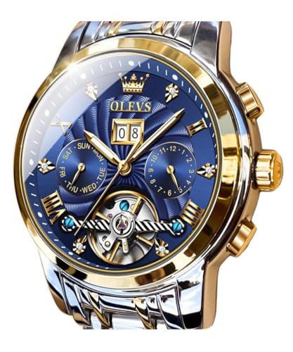 OLEVS Herren Automatikuhr Skelett 5 Zeiger Mechanische Gold Uhr Klassisch Luxus Multi Kalender Edelstahl Wasserdicht Armbanduhr für Herren von OLEVS