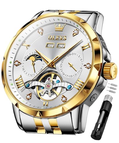 OLEVS Herren Automatikuhr Skelett Mechanisch Klassisch Luxus Business Diamant Edelstahl Wasserdicht Leuchtend Datum Kalender Armbanduhr für Herren, Weiss/opulenter Garten, Uhren für Herren von OLEVS