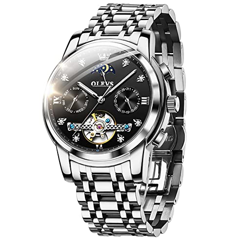 OLEVS Herren Automatikuhr Skelett Mond Phase Zifferblatt Luxus Kleid Edelstahlband 5 Zeiger Diamant Männer Armbanduhren, silber, schwarz, Automatikuhr, mechanisch, Automatikaufzug von OLEVS