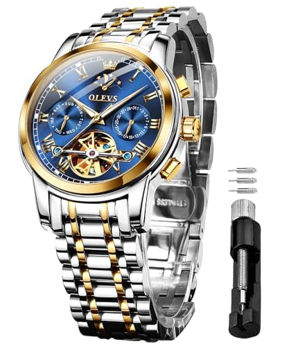 OLEVS Herren-Automatikuhren, Skelett-Tourbillon, mechanisch, selbstaufziehend, luxuriös, elegante Armbanduhr, Mondphase, Tag, Datum, wasserdicht, leuchtende Uhr, Geschenke, Zweifarbiges Armband und von OLEVS