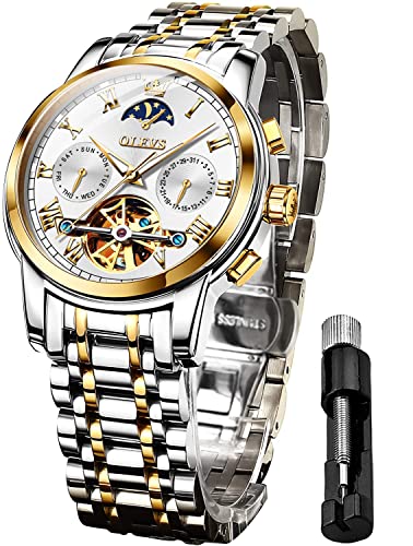 OLEVS Herrenuhren Automatik Weiß Skelett Mechanische Luxus Kleid Armbanduhr mit Mondphase Tag Datum Wasserdicht Leuchtende Zweifarbige Uhr von OLEVS