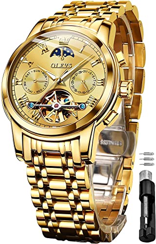 OLEVS Herrenuhren Automatik Goldene Skelett Mechanische Luxus Kleid Armbanduhr mit Mondphase Tag Datum Wasserdicht Leuchtende Zweifarbige Uhr von OLEVS