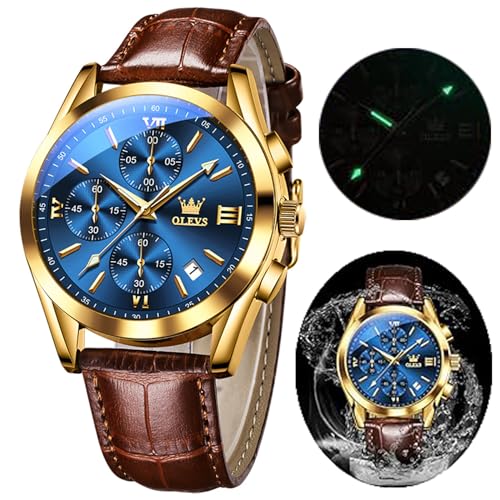 OLEVS Herren Chronograph Quarz Uhren, Lederband Gold Gehäuse mit Tag Datum, Wasserdicht Edelstahl Armbanduhr, Leuchtende Uhren für Herren, Mode, Freizeit, Lederarmband, Modisch, Sport von OLEVS