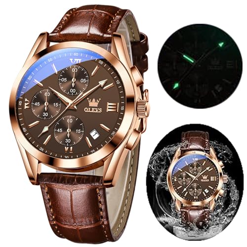 OLEVS Herren Chronograph Quarz Uhren, Lederband Gold Gehäuse mit Tag Datum, Wasserdicht Edelstahl Armbanduhr, Leuchtende Uhren für Herren, Mode, Freizeit, Lederarmband von OLEVS