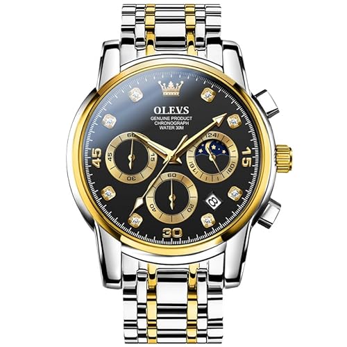 OLEVS Herren Chronograph Uhr Gold Silber Edelstahl Analog Quarz Uhr Wasserdicht Multifunktions Zifferblatt mit Datum Diamant Uhren für Männer, B6-schwarzes Zifferblatt/silbergoldenes Band, Standard, von OLEVS
