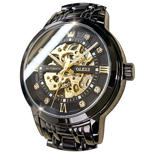 OLEVS Herren Gold Skelett Automatisch Mechanische Uhren Luxus Business Kleid Selbstaufzug Diamant Edelstahl Wasserdicht Leuchtende Armbanduhren, Schwarz von OLEVS