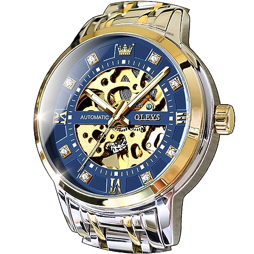 OLEVS Herren Gold Skelett Uhr Automatische Mechanische Selbstaufzug Luxus Kleid Edelstahl Wasserdicht Leuchtende Armbanduhren, Gold und Silber Armband & blaues Zifferblatt, Kleid von OLEVS