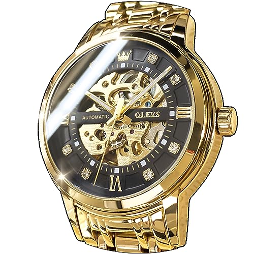 OLEVS Herren Gold Skelett Uhr Automatische Mechanische Selbstaufzug Luxus Kleid Edelstahl Wasserdicht Leuchtende Armbanduhren, Goldfarbenes Armband und schwarzes Zifferblatt, Kleid von OLEVS