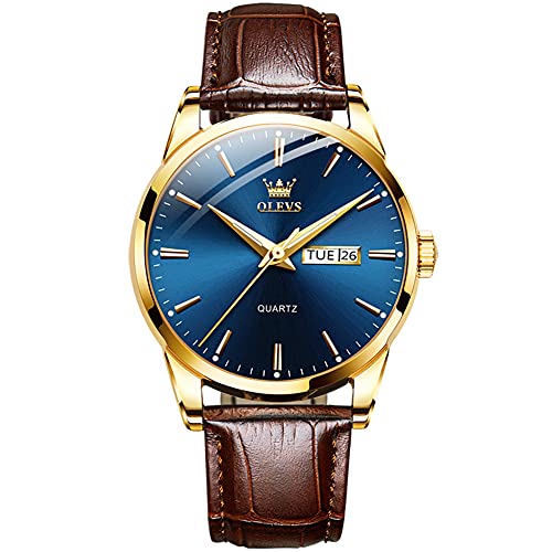 OLEVS Herren Lederuhr, Business Casual Tag Datum Analog Quarz Männer Kleid Uhr, Klassisch Wasserdicht Leuchtende Armbanduhr für Männer, A1 blaues Zifferblatt+brauner Riemen, Standard von OLEVS