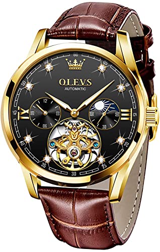 OLEVS Herren-Lederuhren, automatisch, mechanisch, Skelett, Tourbillon, Diamant, luxuriös, selbstaufziehend, Armbanduhren, Mondphase, wasserdicht, leuchtend, Schwarzes Zifferblatt und braunes Armband, von OLEVS