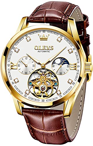 OLEVS Herren-Lederuhren, automatisch, mechanisch, Skelett, Tourbillon, Diamant, luxuriös, selbstaufziehend, Armbanduhren, Mondphase, wasserdicht, leuchtend, Weißes Zifferblatt und braunes Armband, von OLEVS