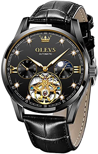 OLEVS Herren Luxus Uhr Skelett Tourbillon Automatik Selbstaufzug Saphir Kristall Diamant Mondphasen-Anzeige Echtes Leder Business Kleid Uhren Schwarz von OLEVS