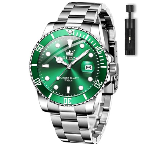 OLEVS Silber Uhr Herren Analog Kleid Quarz Großes Herren Armbanduhr Edelstahl Modern Leuchtend Wasserdicht Herrenuhren mit Datumsanzeige Schöne Grün Zifferblatt Männer Uhr Metallarmband Geschenke von OLEVS