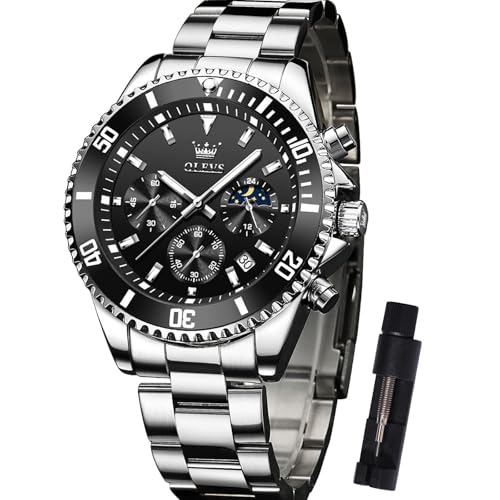 OLEVS Silber Herren Uhr Schwarz Matt Zifferblatt Elegnt Edelstahl Armbanduhr Herren Großes Analog Mens Watches Leuchtend mit Datum Mode Quarz Herrenuhren Chronograph Wasserdicht Geschenke für Männer von OLEVS