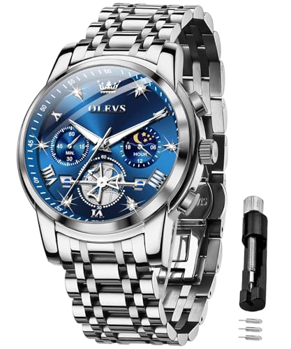 OLEVS Herren-Skelett-Armbanduhr, Edelstahl, analog, Quarz, Mondphase, männlich, Diamant, Multi-Kalender, Chronograph, wasserdichte Armbanduhr für Herren, G2856: Silbernes Armband und blaues von OLEVS